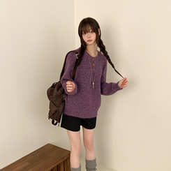 ボカシヘンリーネックボタンニット(6color) PURPLE