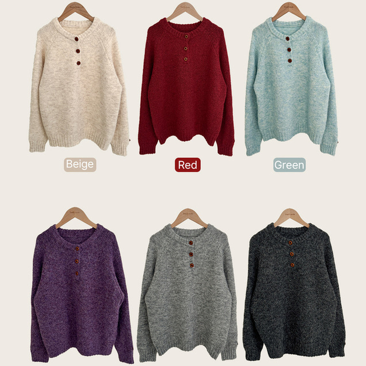 ボカシヘンリーネックボタンニット(6color)