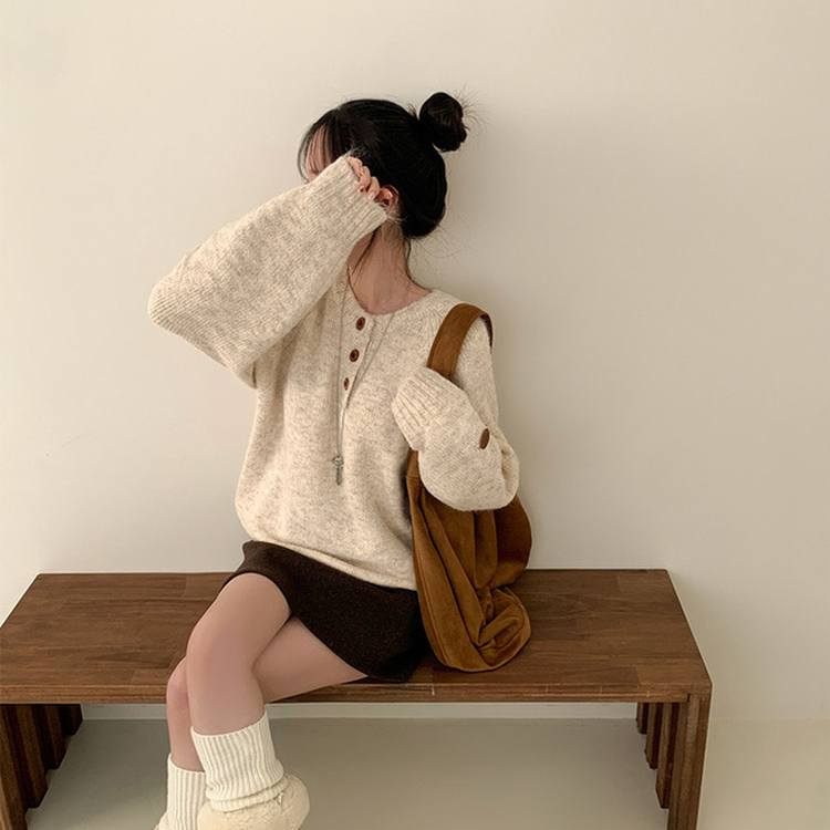 ボカシヘンリーネックボタンニット(6color) BEIGE