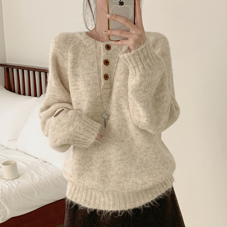 ボカシヘンリーネックボタンニット(6color) BEIGE