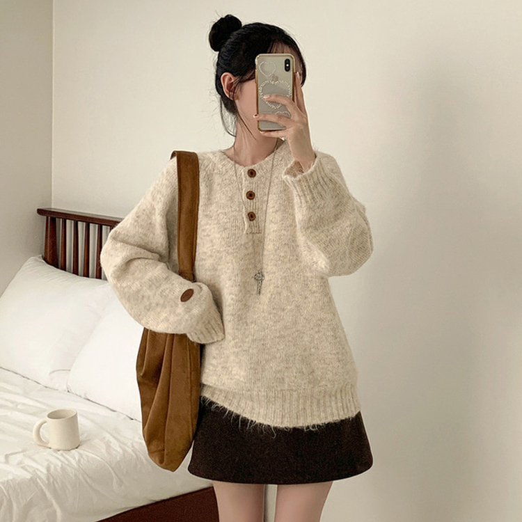 ボカシヘンリーネックボタンニット(6color) BEIGE