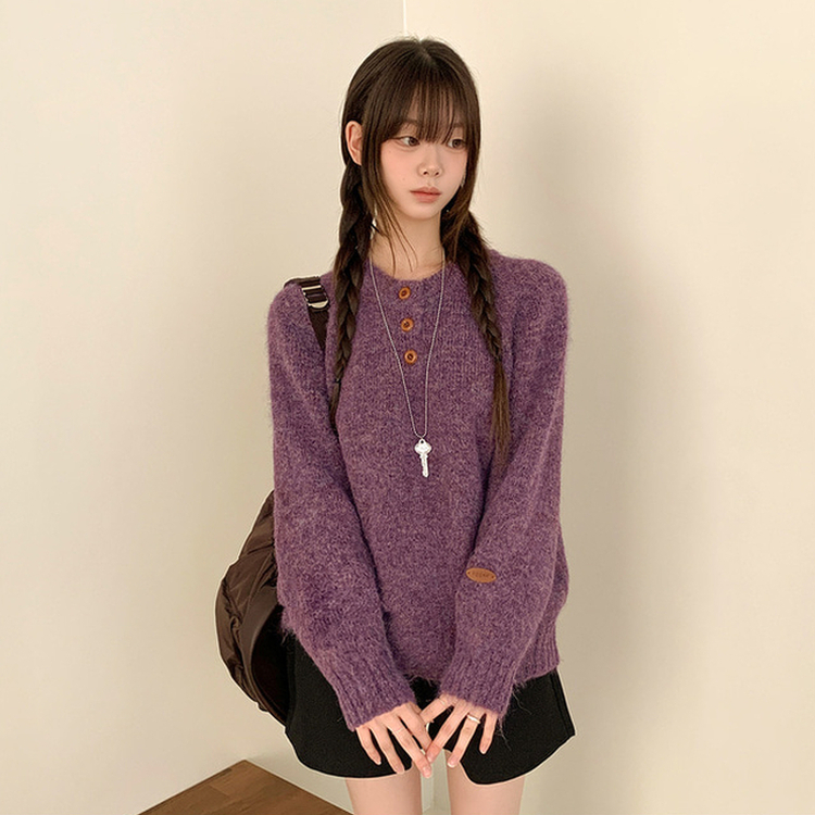 ボカシヘンリーネックボタンニット(6color) PURPLE