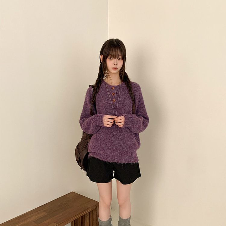 ボカシヘンリーネックボタンニット(6color) PURPLE
