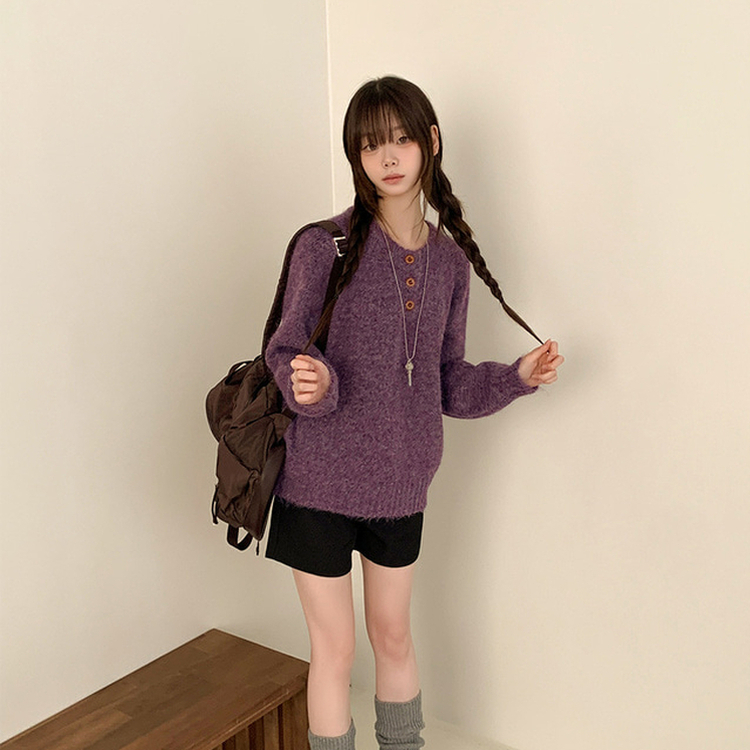 ボカシヘンリーネックボタンニット(6color) PURPLE