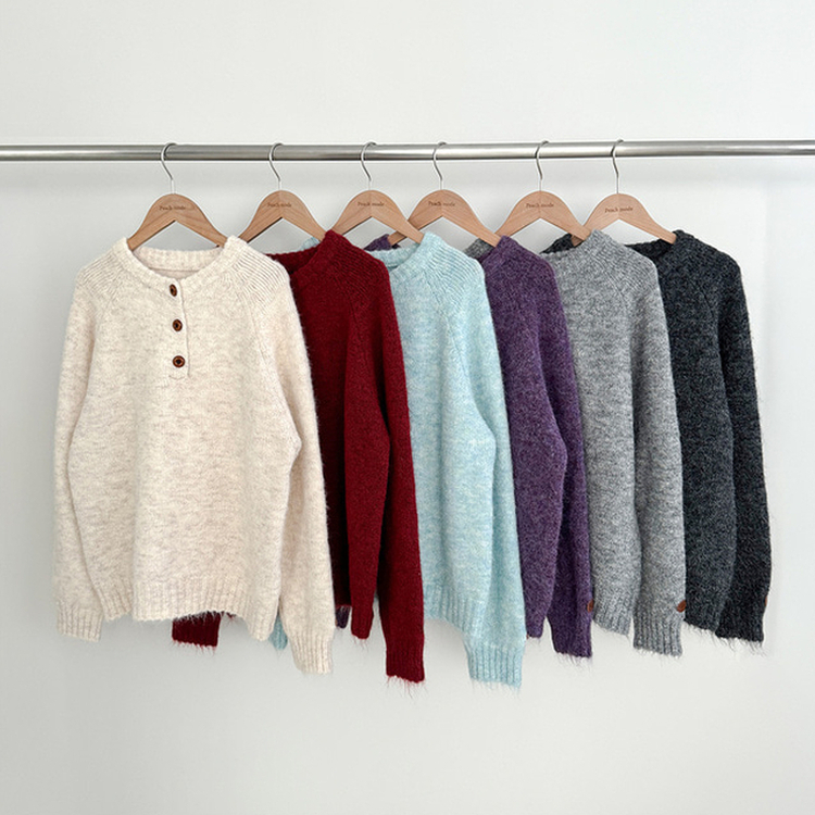 ボカシヘンリーネックボタンニット(6color)