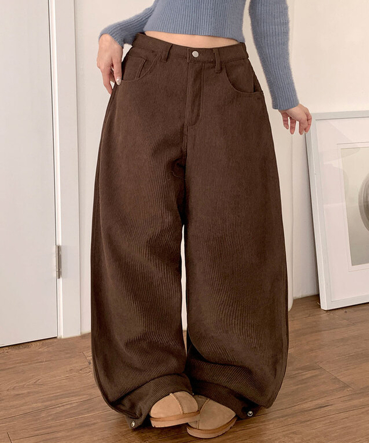 핫기모 레브로 코듀로이 본딩기모 사이드절개 와이드 허리 비조버튼 팬츠