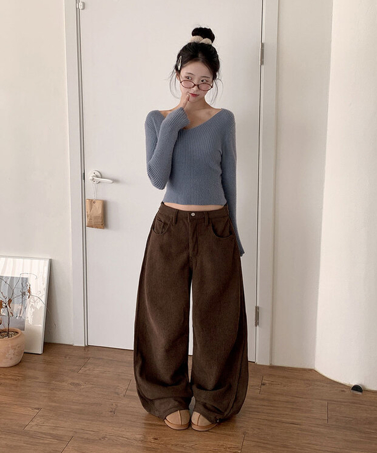 핫기모 레브로 코듀로이 본딩기모 사이드절개 와이드 허리 비조버튼 팬츠