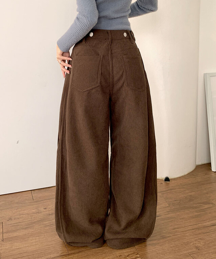 핫기모 레브로 코듀로이 본딩기모 사이드절개 와이드 허리 비조버튼 팬츠