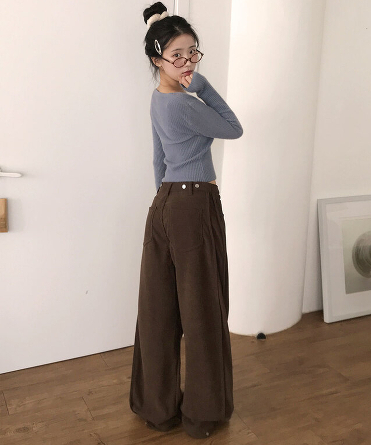 핫기모 레브로 코듀로이 본딩기모 사이드절개 와이드 허리 비조버튼 팬츠