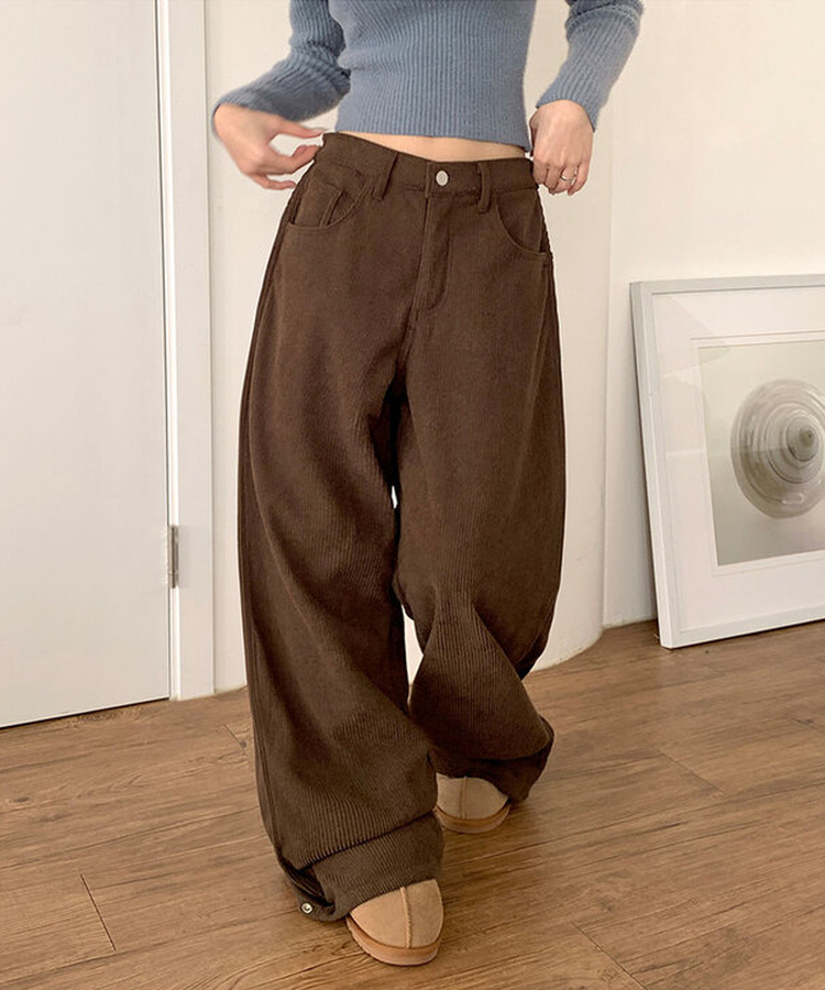 핫기모 레브로 코듀로이 본딩기모 사이드절개 와이드 허리 비조버튼 팬츠