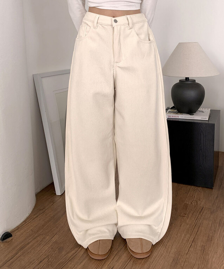 핫기모 레브로 코듀로이 본딩기모 사이드절개 와이드 허리 비조버튼 팬츠