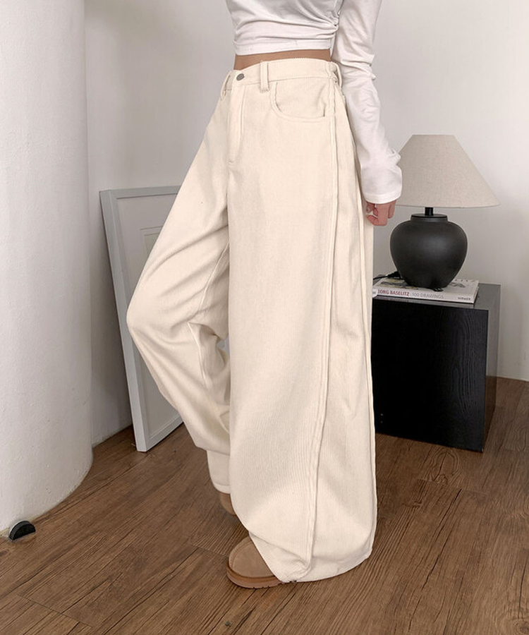 핫기모 레브로 코듀로이 본딩기모 사이드절개 와이드 허리 비조버튼 팬츠