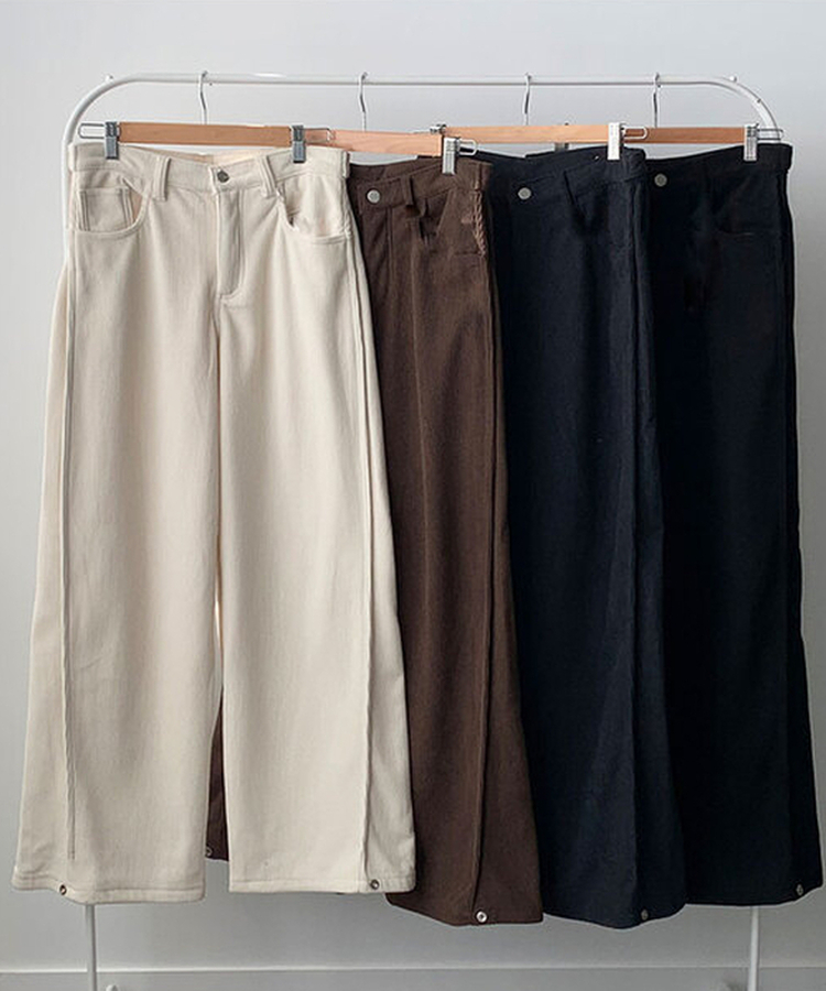 핫기모 레브로 코듀로이 본딩기모 사이드절개 와이드 허리 비조버튼 팬츠