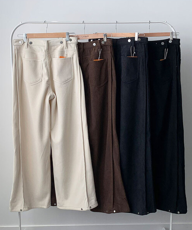 핫기모 레브로 코듀로이 본딩기모 사이드절개 와이드 허리 비조버튼 팬츠