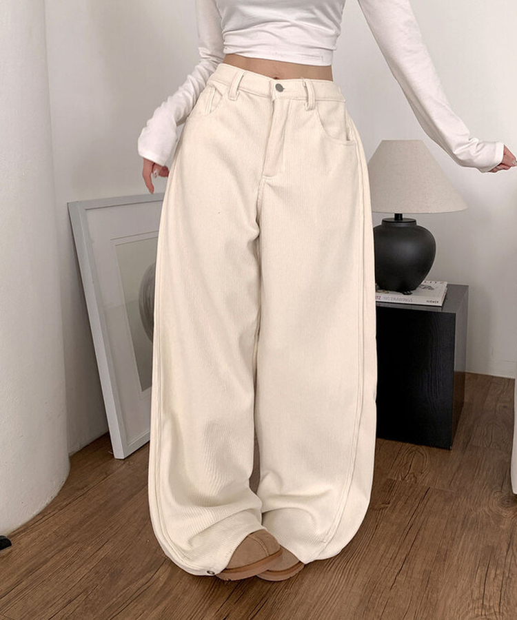 핫기모 레브로 코듀로이 본딩기모 사이드절개 와이드 허리 비조버튼 팬츠
