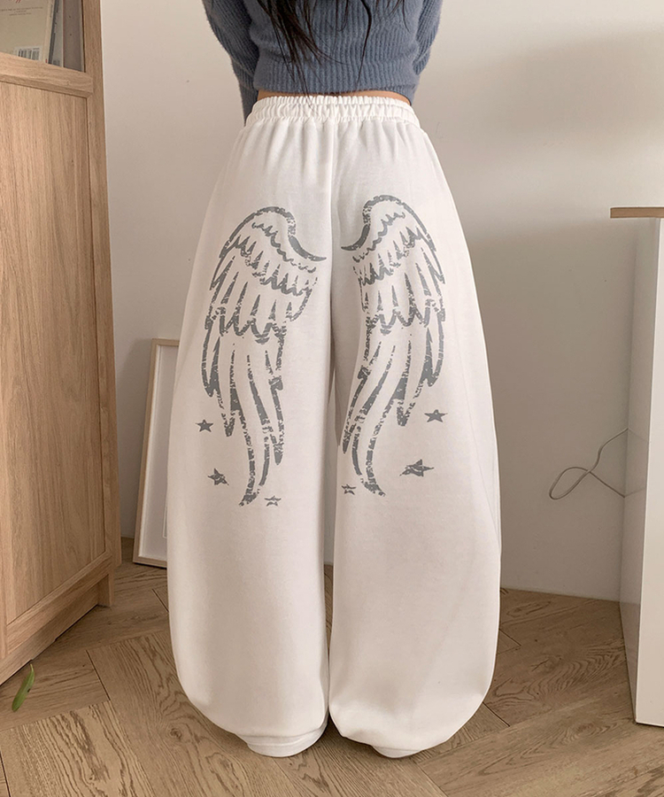 ʚ기모ɞ [엔젤/유니크⋆⁺] 미카엘 천사 나염 백포인트 기모 스트링 와이드 팬츠 아이보리