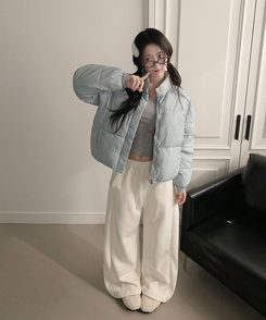 셀로니 크롭 경량 루즈핏 숏 패딩 포켓 밑단스트링 겨울패딩 숏패딩 스카이블루