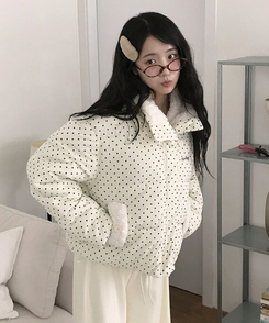 땡땡이도트겨울대비 하라 도트 양털 코듀로이 카라 크롭 아방핏 숏 패딩 아이보리