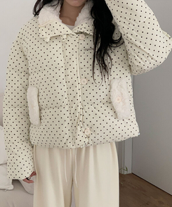 땡땡이도트겨울대비 하라 도트 양털 코듀로이 카라 크롭 아방핏 숏 패딩 아이보리