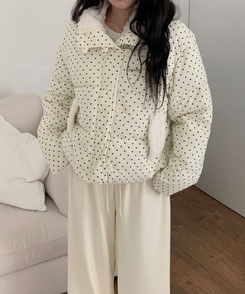 땡땡이도트겨울대비 하라 도트 양털 코듀로이 카라 크롭 아방핏 숏 패딩 아이보리