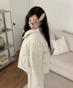 땡땡이도트겨울대비 하라 도트 양털 코듀로이 카라 크롭 아방핏 숏 패딩 아이보리