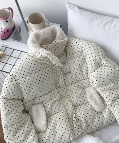 땡땡이도트겨울대비 하라 도트 양털 코듀로이 카라 크롭 아방핏 숏 패딩