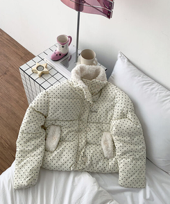 땡땡이도트겨울대비 하라 도트 양털 코듀로이 카라 크롭 아방핏 숏 패딩