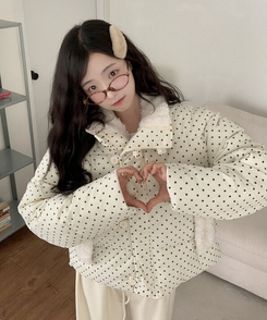 땡땡이도트겨울대비 하라 도트 양털 코듀로이 카라 크롭 아방핏 숏 패딩 아이보리