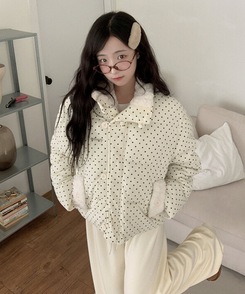 땡땡이도트겨울대비 하라 도트 양털 코듀로이 카라 크롭 아방핏 숏 패딩 아이보리