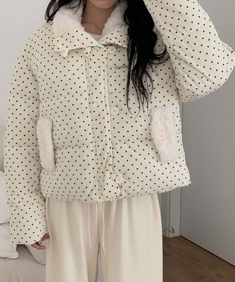 땡땡이도트겨울대비 하라 도트 양털 코듀로이 카라 크롭 아방핏 숏 패딩 아이보리