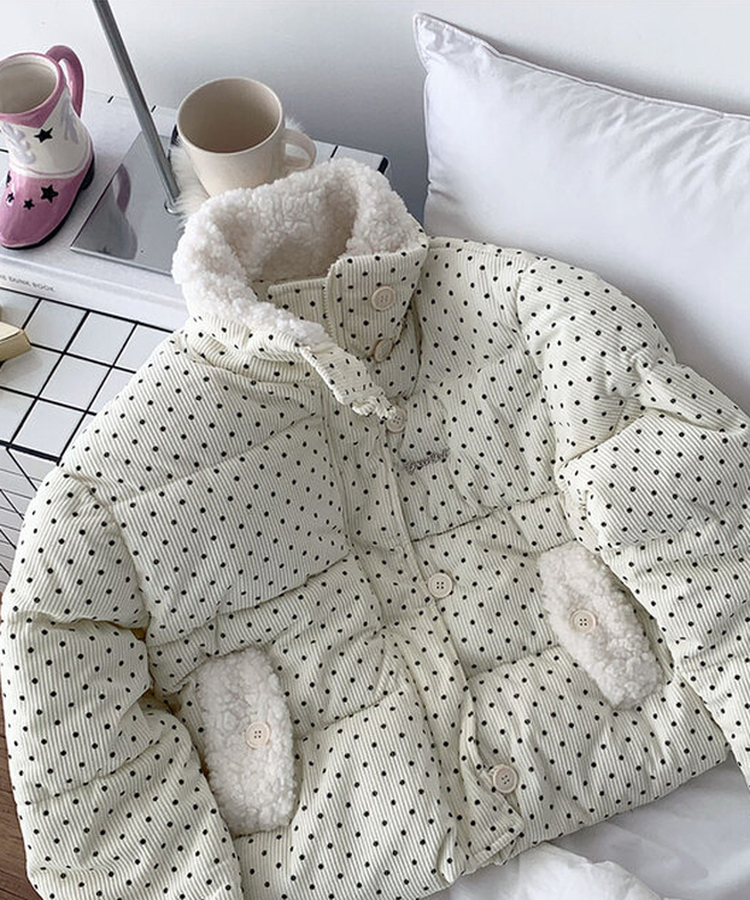 땡땡이도트겨울대비 하라 도트 양털 코듀로이 카라 크롭 아방핏 숏 패딩