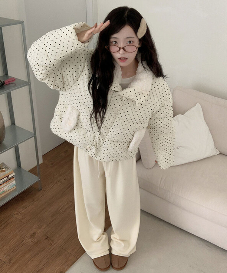 땡땡이도트겨울대비 하라 도트 양털 코듀로이 카라 크롭 아방핏 숏 패딩 아이보리
