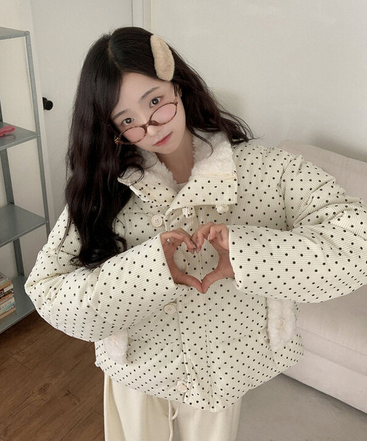 땡땡이도트겨울대비 하라 도트 양털 코듀로이 카라 크롭 아방핏 숏 패딩 아이보리