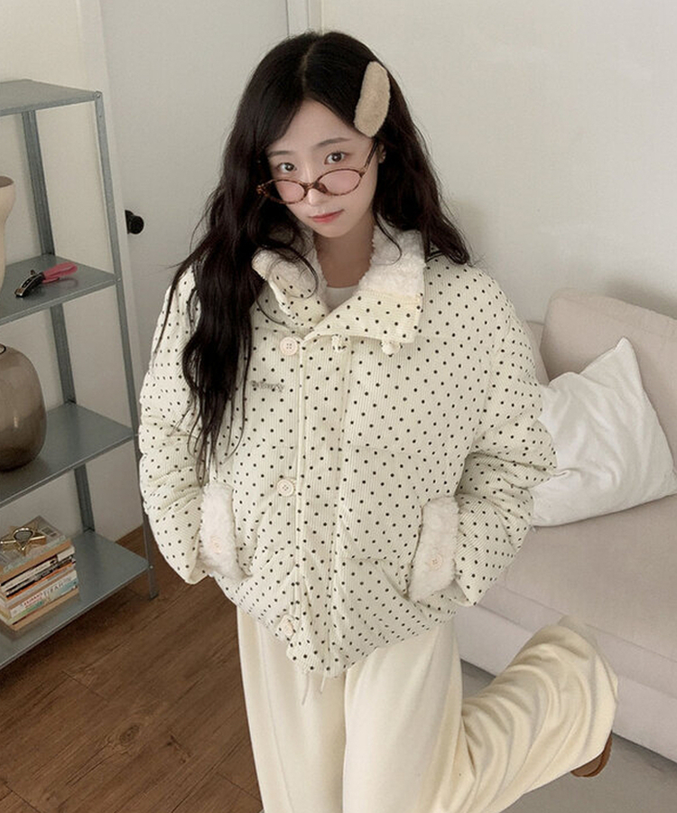 땡땡이도트겨울대비 하라 도트 양털 코듀로이 카라 크롭 아방핏 숏 패딩 아이보리