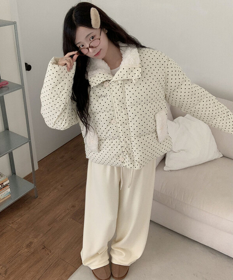 땡땡이도트겨울대비 하라 도트 양털 코듀로이 카라 크롭 아방핏 숏 패딩 아이보리