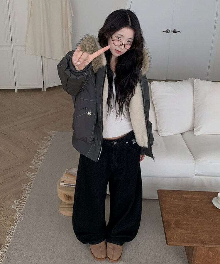 신유 전체퍼안감 버튼 루즈핏 패딩 점퍼 모자퍼탈부착 먹색