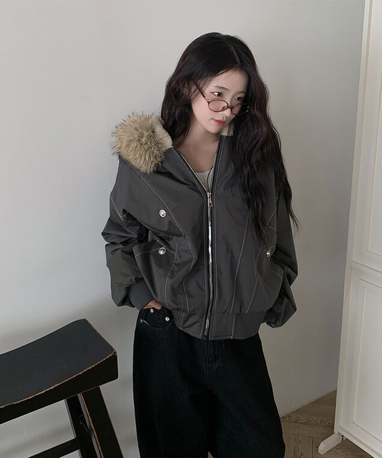 신유 전체퍼안감 버튼 루즈핏 패딩 점퍼 모자퍼탈부착 먹색