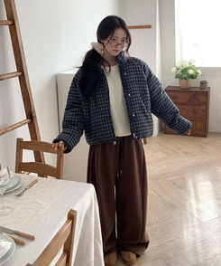 ハイネックチェックショートダウン NAVY