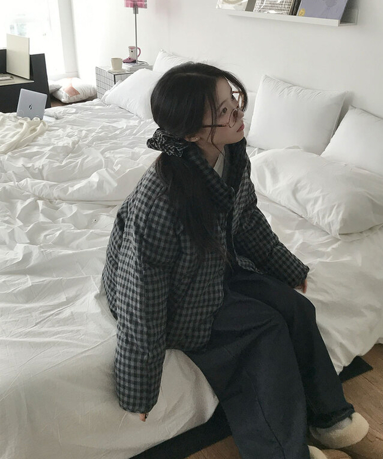 ハイネックチェックショートダウン BLACK