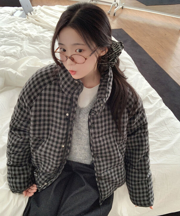 ハイネックチェックショートダウン BLACK