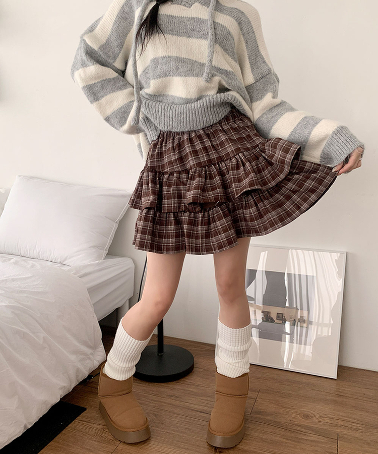 [귀욤../속바지O] 로에 체크 2단캉캉 프릴 밴딩 미니 스커트 안감속바지 치마