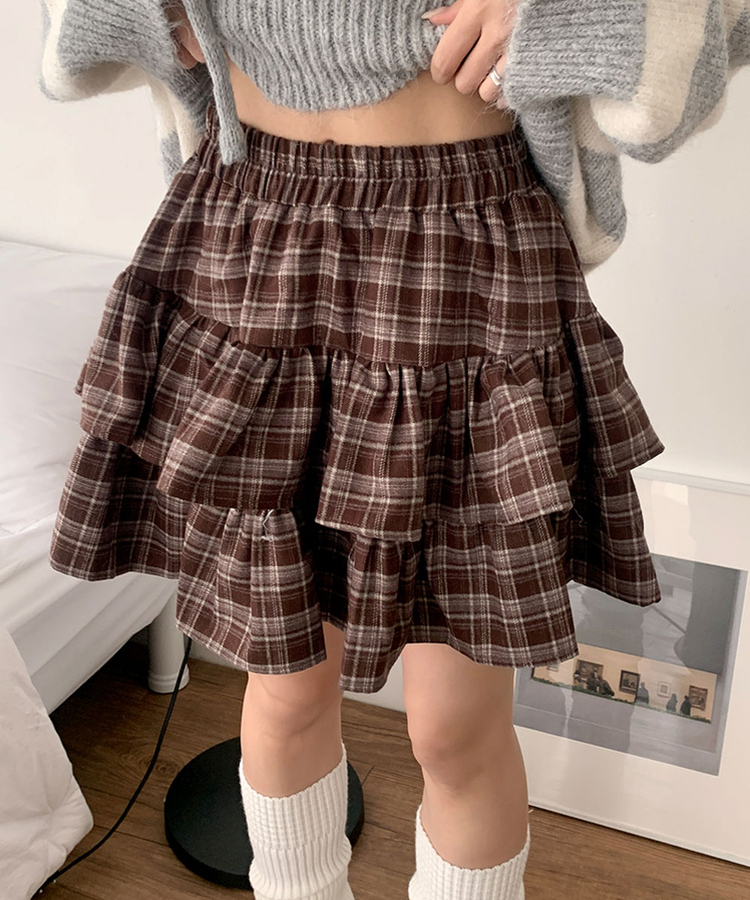 [귀욤../속바지O] 로에 체크 2단캉캉 프릴 밴딩 미니 스커트 안감속바지 치마