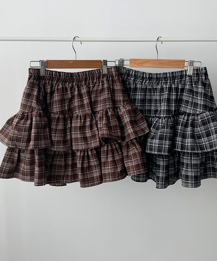 [귀욤../속바지O] 로에 체크 2단캉캉 프릴 밴딩 미니 스커트 안감속바지 치마