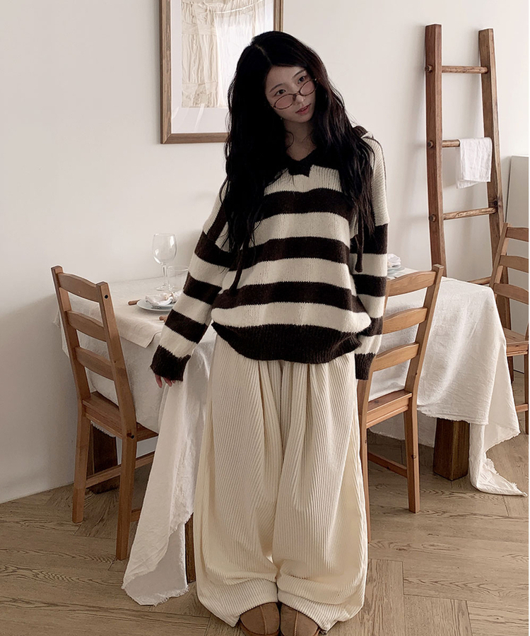 [고퀄보장｡‧˚/인생핏] 마크 코듀로이 와이드 핀턱 뒷포켓패치 밴딩 트레이닝 팬츠 아이보리