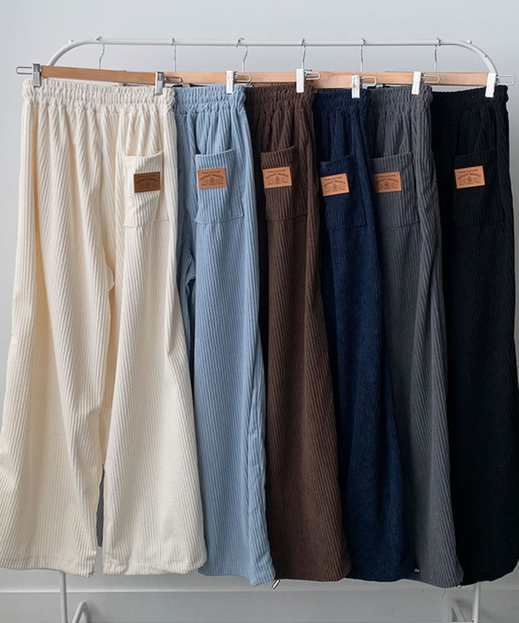 [고퀄보장｡‧˚/인생핏] 마크 코듀로이 와이드 핀턱 뒷포켓패치 밴딩 트레이닝 팬츠