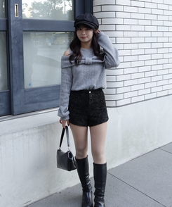 브러쉬 투웨이 리본티 기모 멜란지 그레이