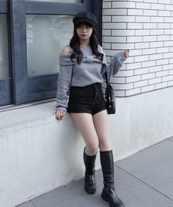 브러쉬 투웨이 리본티 기모 멜란지 그레이