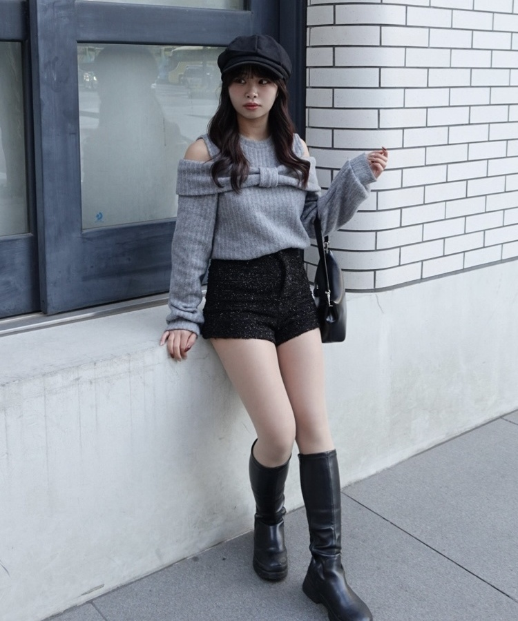 브러쉬 투웨이 리본티 기모 멜란지 그레이