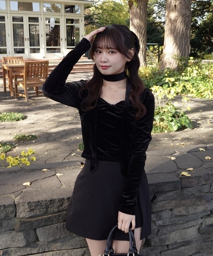 【タイ付き】ベルベットリボンブラウス BLACK