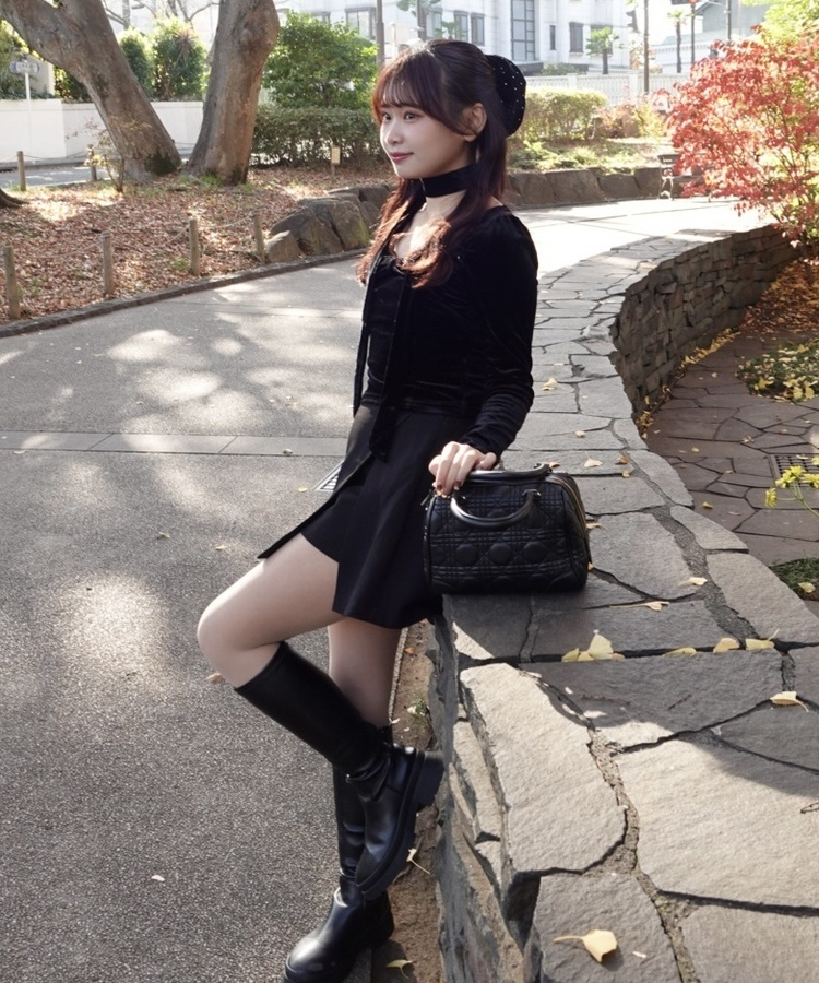 【タイ付き】ベルベットリボンブラウス BLACK